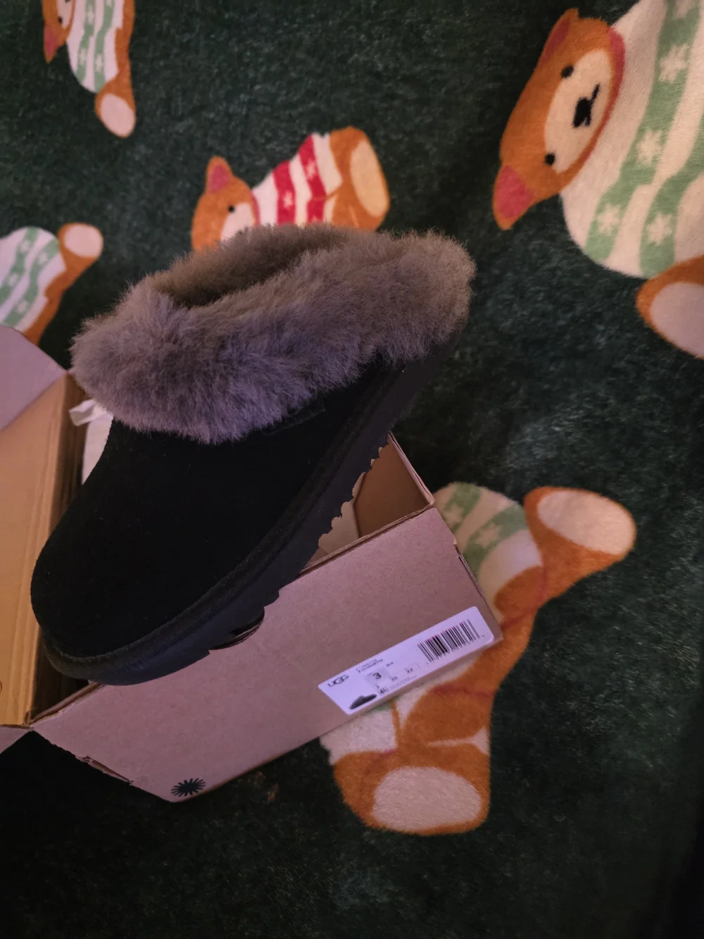 UGG Black Slip-On Kids Slipper with Gray Fur Collar